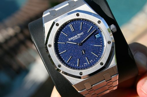 IMG_6367 | SD Watches Audemars Piguet Royal Oak watch with a blue textured dial, date at 3, and a metal bracelet on the wrist.