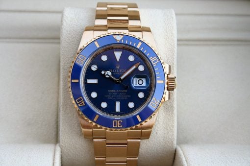 IMG_6491 | SD Watches Gold Rolex Submariner with blue dial and blue bezel, date window magnified, metal bracelet in a display box.