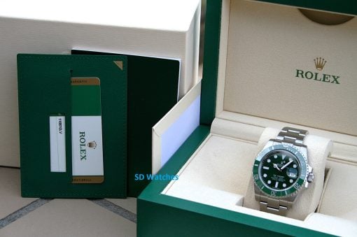 IMG_6553 | SD Watches Rolex Submariner with green bezel in open beige presentation box and green outer case