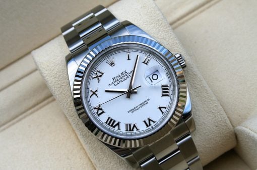 IMG_6723 | SD Watches Rolex Oyster Perpetual Datejust watch with a white dial, Roman numeral hour markers, and a magnified date window at 3 o'clock.