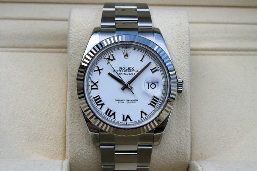 IMG_6724 | SD Watches Rolex Oyster Perpetual Datejust wristwatch with a white dial and Roman numerals on a silver bracelet