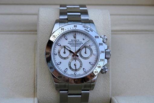 IMG_6860 | SD Watches Close-up of a silver Rolex Daytona chronograph watch with white dial and tachymeter bezel