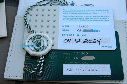 IMG_6812 | SD Watches Rolex authentication card displaying model 124300 and partial serial; green-and-white braided seal visible in foreground.