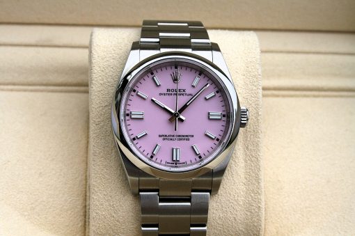 IMG_7118 | SD Watches Rolex Oyster Perpetual with pink dial on a beige display cushion and metal bracelet