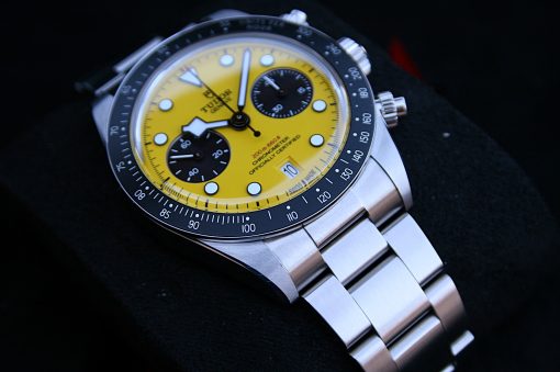 IMG_7194 | SD Watches Yellow-dial Tudor chronograph with black subdials and a stainless steel bracelet