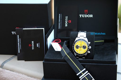 IMG_7200 | SD Watches Tudor wristwatch with a yellow dial in a black presentation box, strap laid across foam insert.