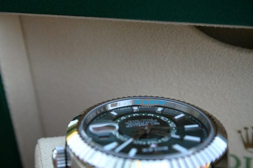 IMG_7237 | SD Watches Close-up of a diver-style wristwatch with a rotating bezel, inside a beige display box with a blue 'SD Watches' watermark across the face.