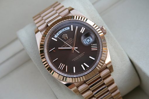 IMG_7365 | SD Watches Rose-gold Rolex Day-Date watch with black dial, fluted bezel, day and date windows.