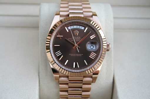 IMG_7367 | SD Watches Rose-gold Rolex Datejust wristwatch with fluted bezel, black dial, Friday day window, and magnified date.