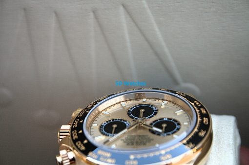 IMG_7395 | SD Watches Close-up of a gold-tone chronograph wristwatch with a black bezel, resting on a light fabric, with blue 'SD Watches' text overlay.